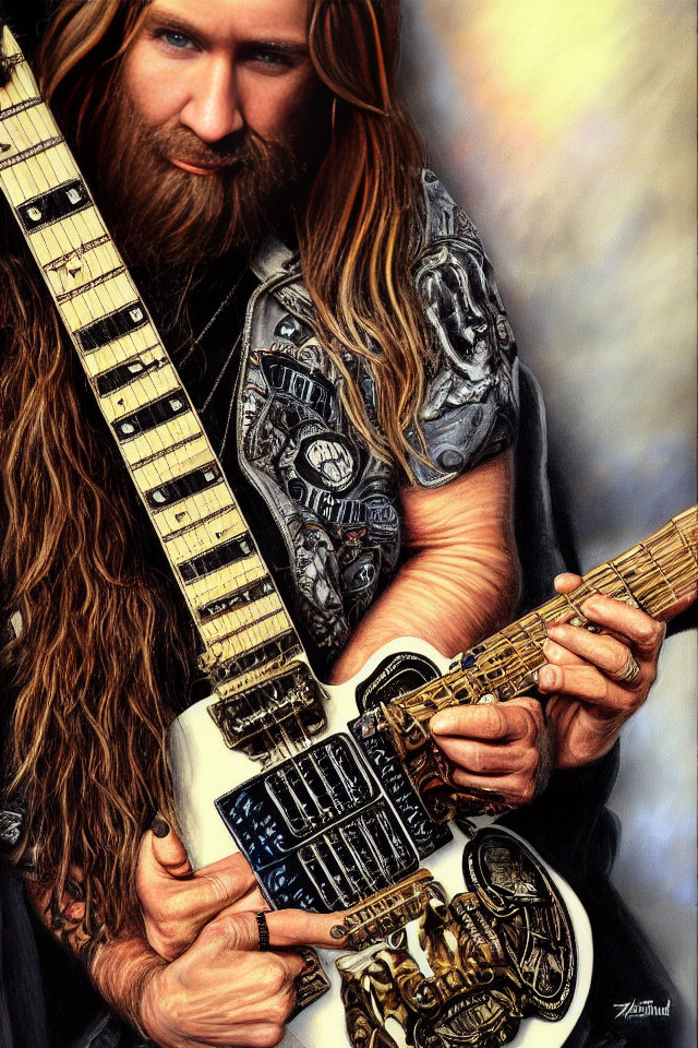 Bearded Guitarist with Long Hair Holding Intricately Designed Electric Guitar