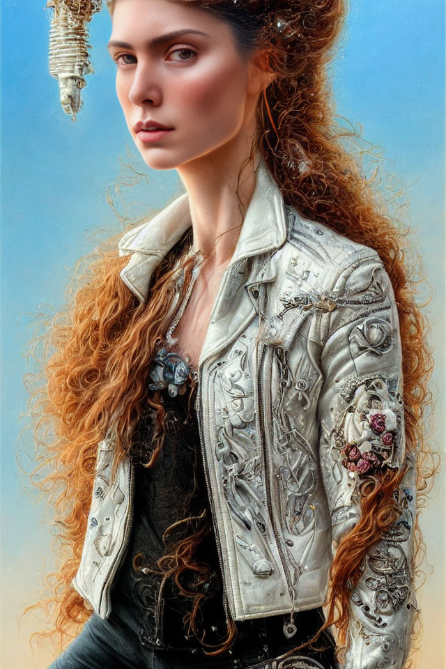 Woman with Long Curly Hair in Embellished White Leather Jacket