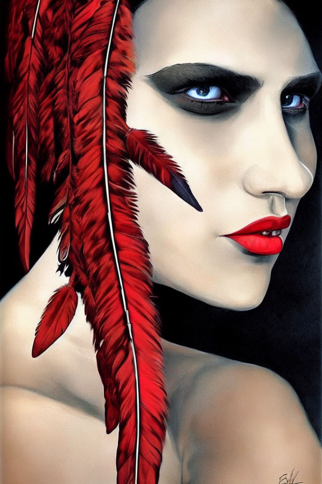 Striking makeup with blue eyeshadow and red lips, red feather in hair