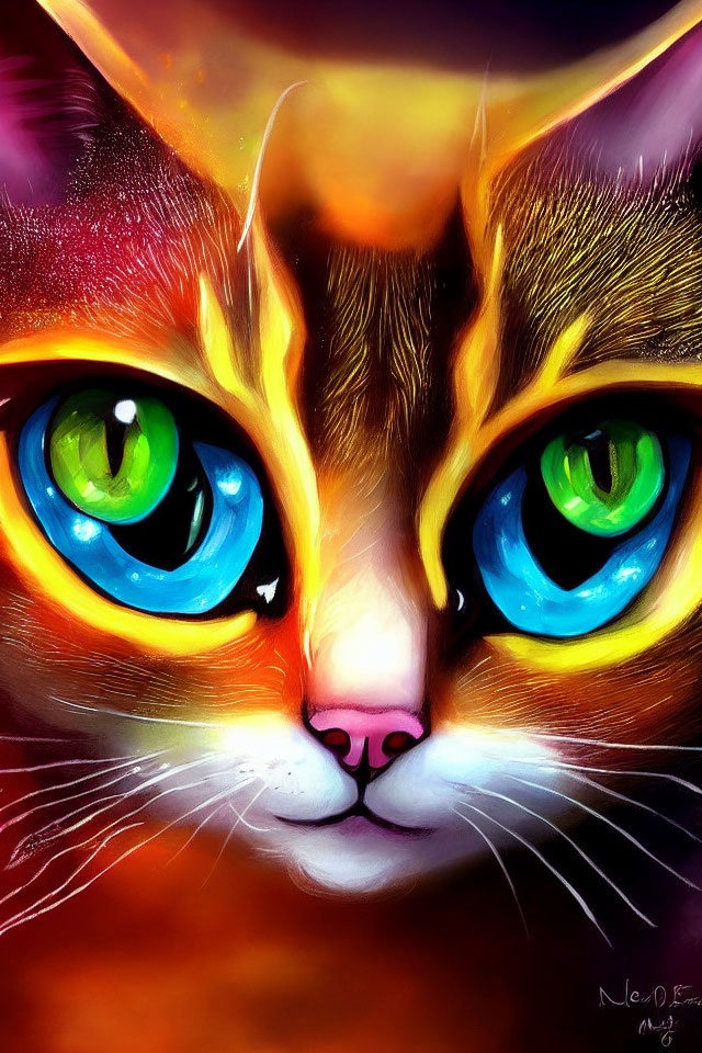 Colorful Digital Painting of Cat with Blue and Green Eyes