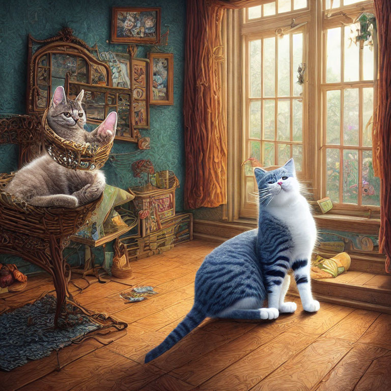 Anthropomorphic cats chatting in cozy room