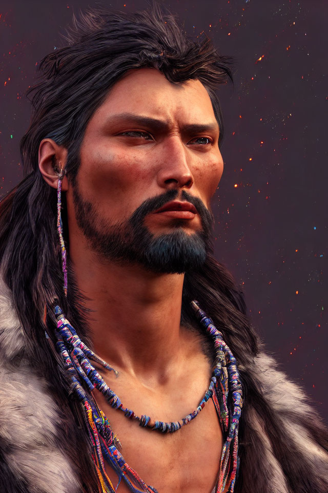 Man with Long Dark Hair in Fur Clothing and Bead Necklaces