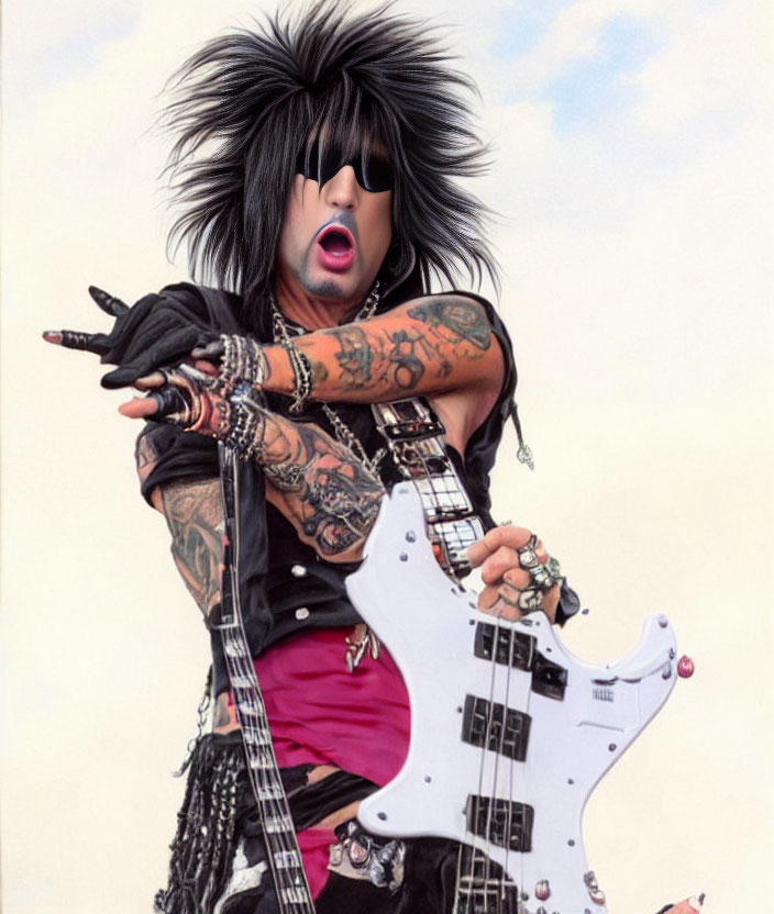 Person with spiked black hair and tattoos holding electric guitar in black outfit