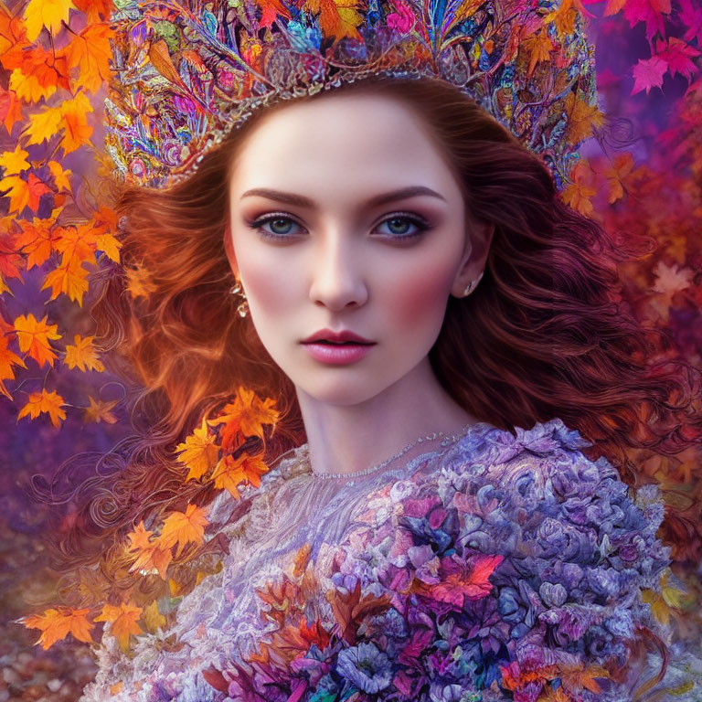 Woman with blue eyes and red hair in leafy crown in autumn scene