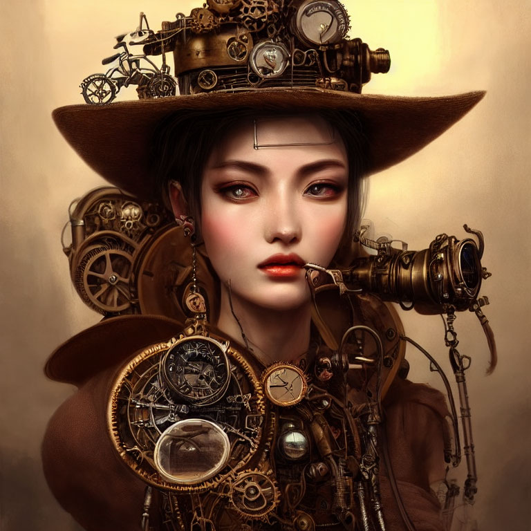 Steampunk-themed woman portrait with gears and clocks.