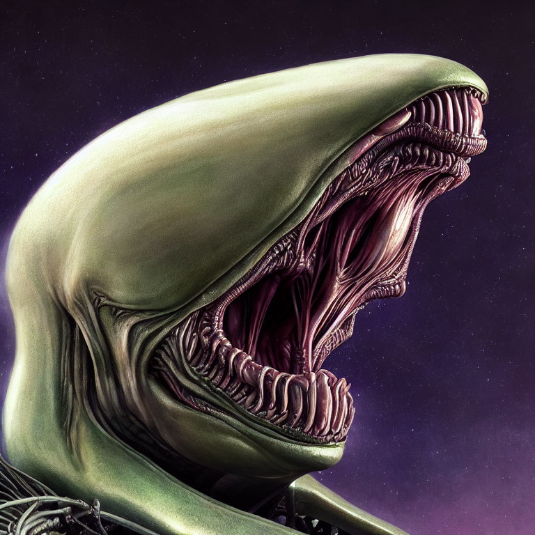 Detailed Xenomorph Head Illustration with Open Mouth and Inner Jaws on Purple Background