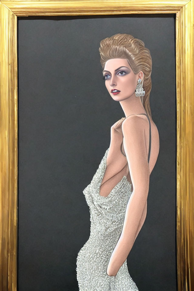 Woman with elegant updo in sparkling dress and gold frame.