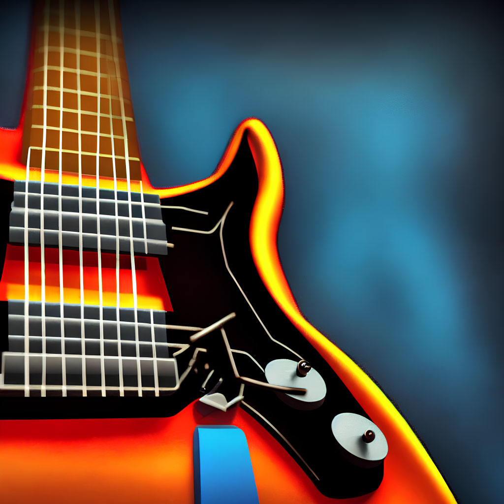 Detailed view of orange electric guitar body and neck on blue background showcasing strings, pickups, and volume knobs