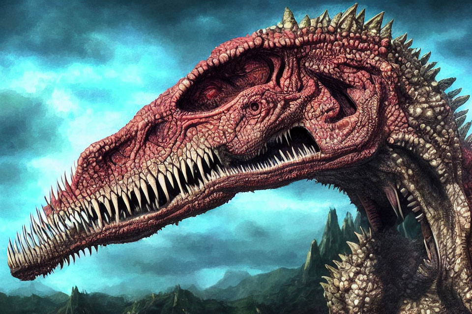 Detailed red dinosaur head with sharp teeth and spiky ridges in misty mountain backdrop