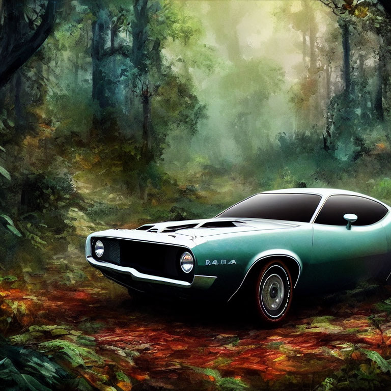 Vintage muscle car in misty forest with sun rays highlighting sleek design