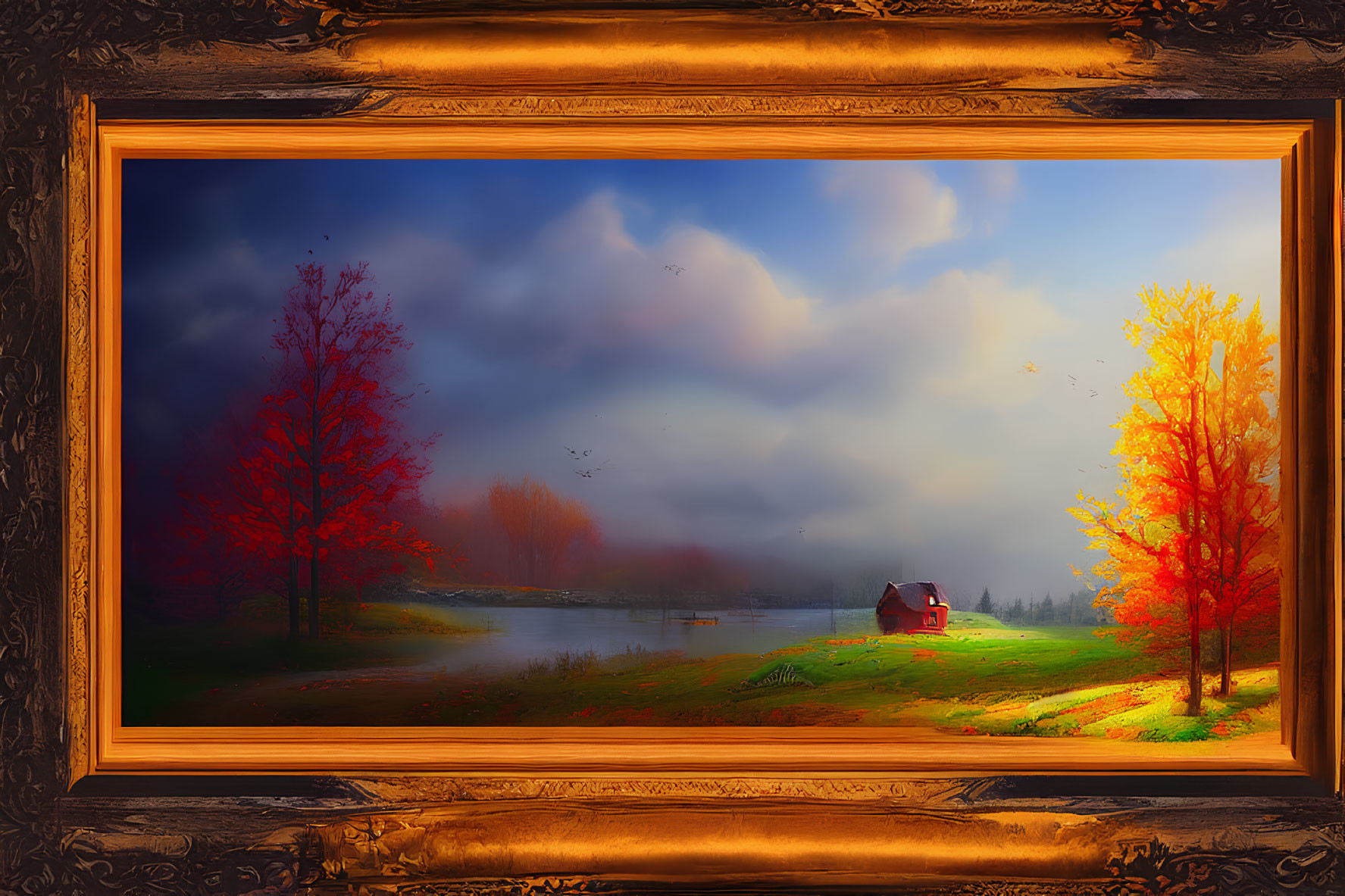 Vibrant autumn scene with colorful trees and river house in a framed painting