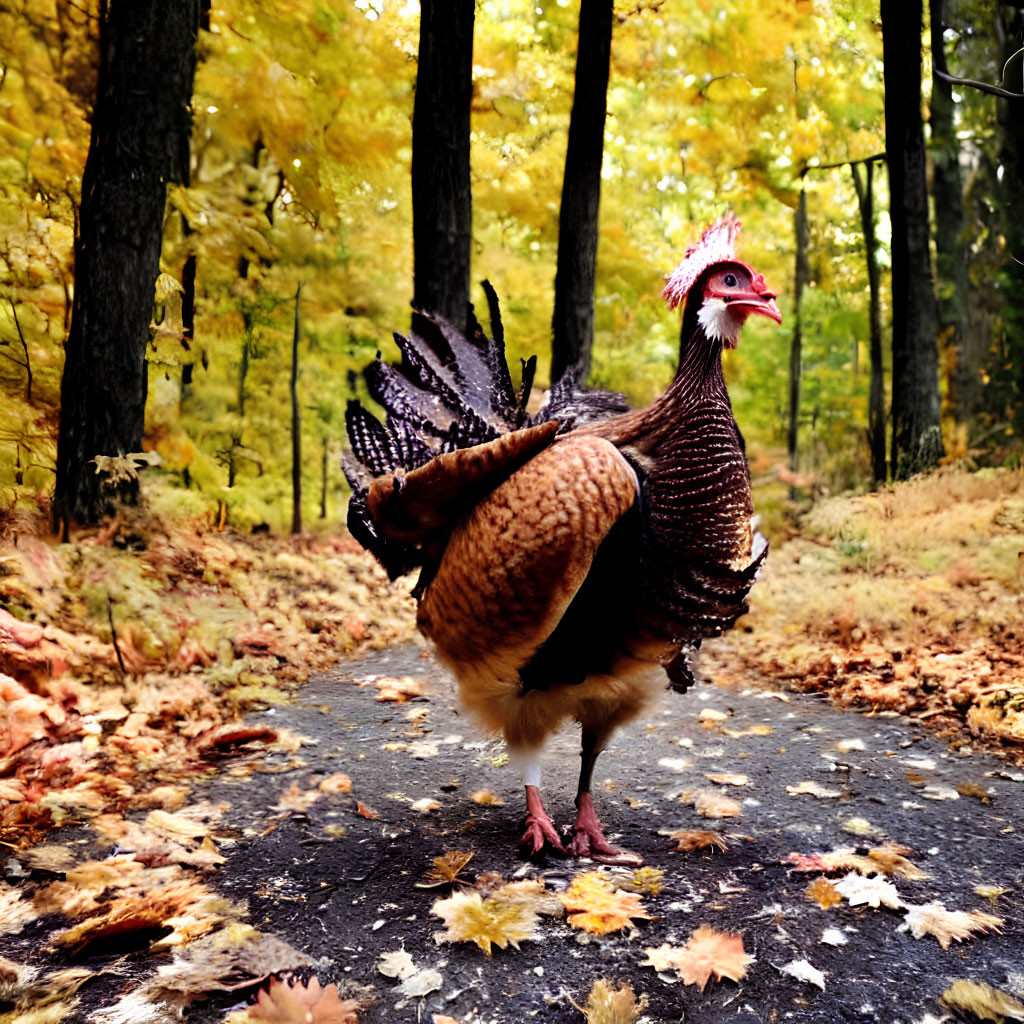 Turkey with Red Wattle on Autumn Forest Path