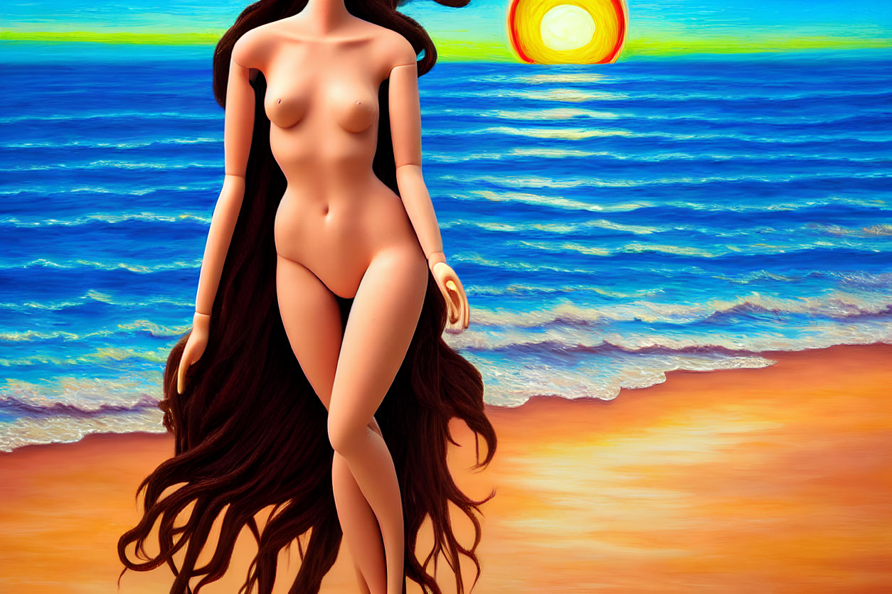 Nude female figure with long hair on beach at sunset