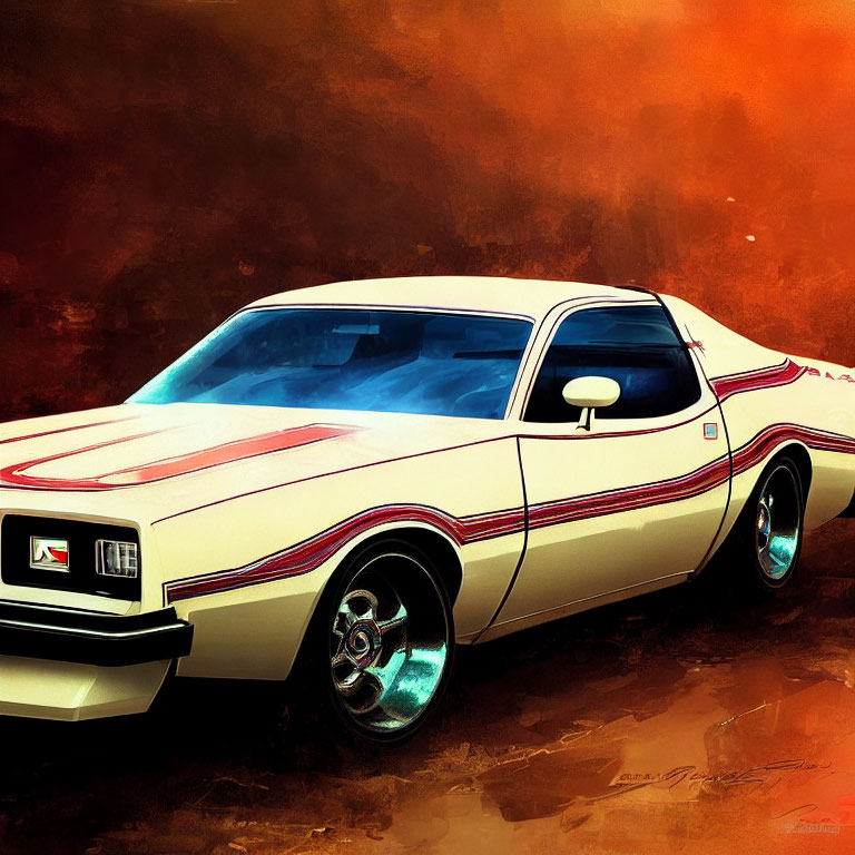 Stylized classic muscle car illustration with white and red stripes on warm gradient background