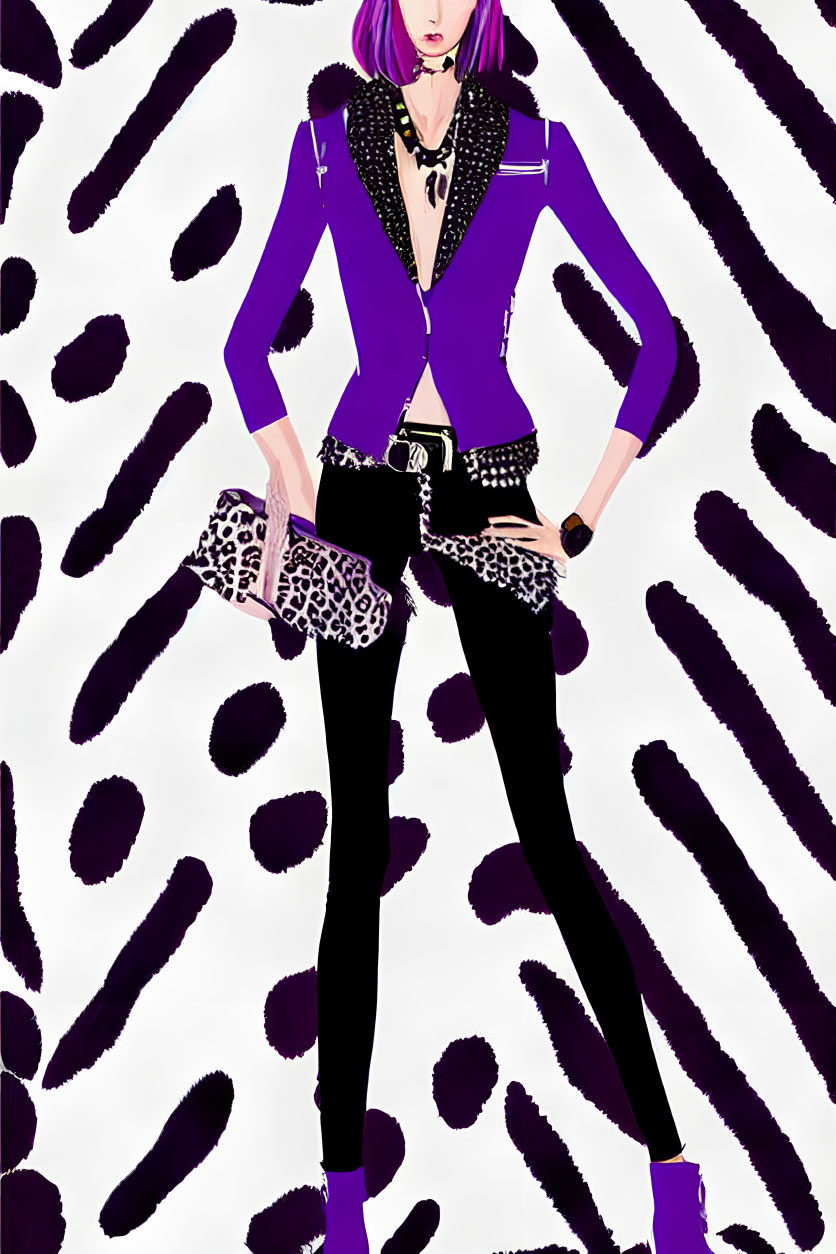 Stylish character with purple hair in purple blazer and leopard print accessories