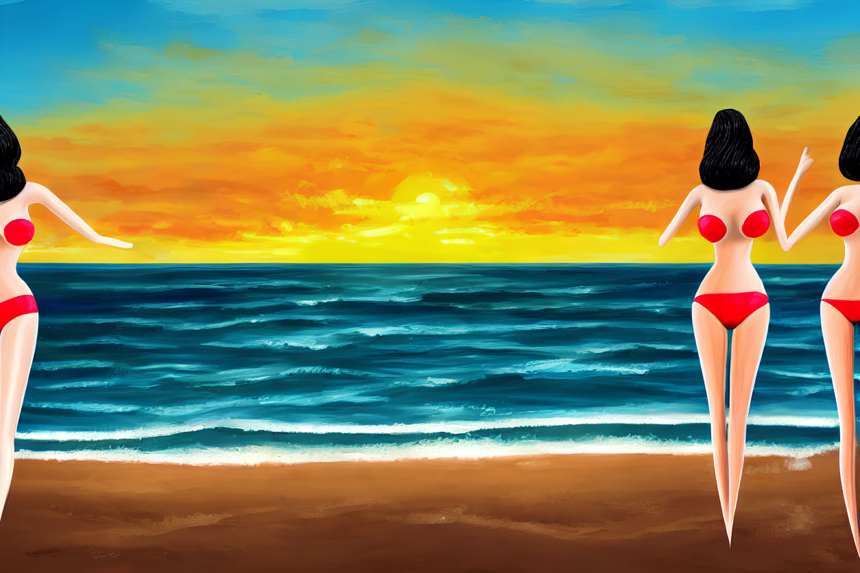 Three cartoon figures in red bikinis on beach at sunset with orange sky.