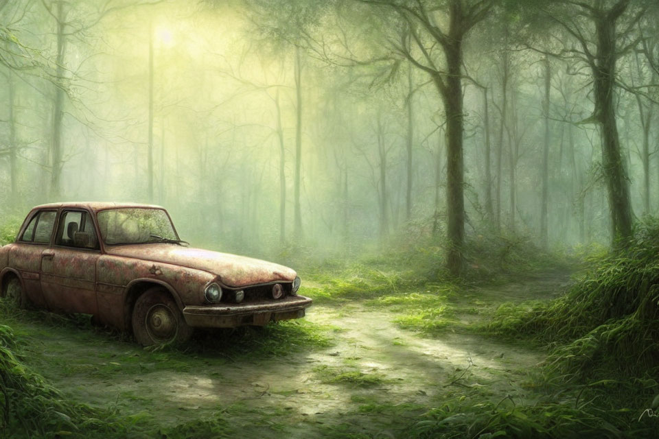 Abandoned car reclaimed by nature in serene forest clearing