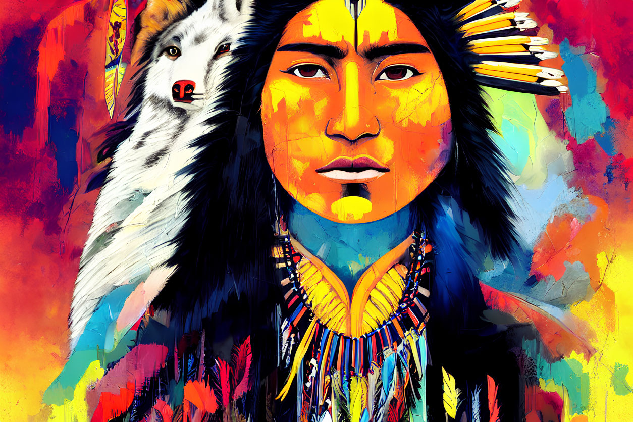 Native American with Wolf in Traditional Attire on Colorful Background