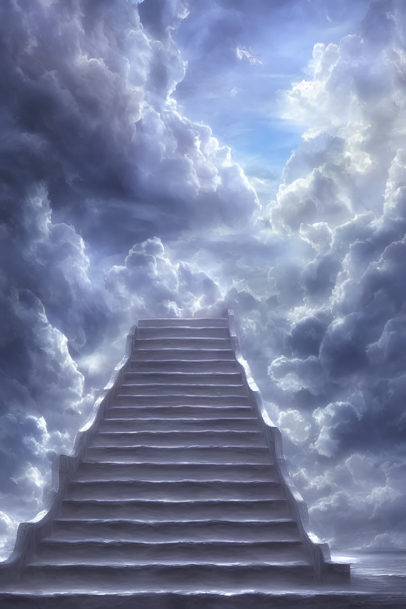 Dramatic sky with voluminous clouds above staircase