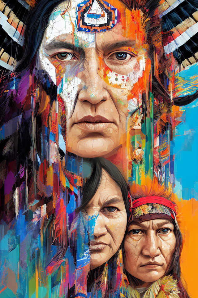 Vibrant Native American figures in traditional attire against colorful abstract backdrop