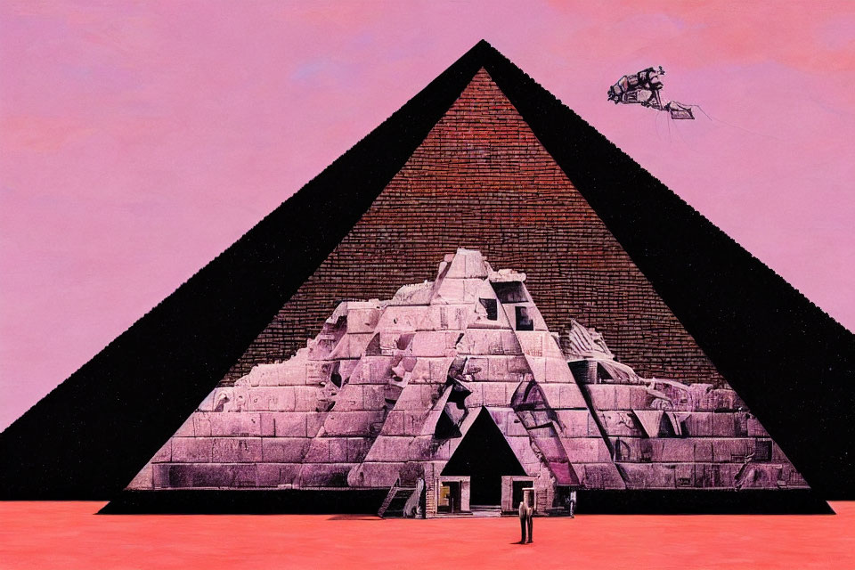 Person standing before large pyramid with helicopter in surreal pink and black landscape