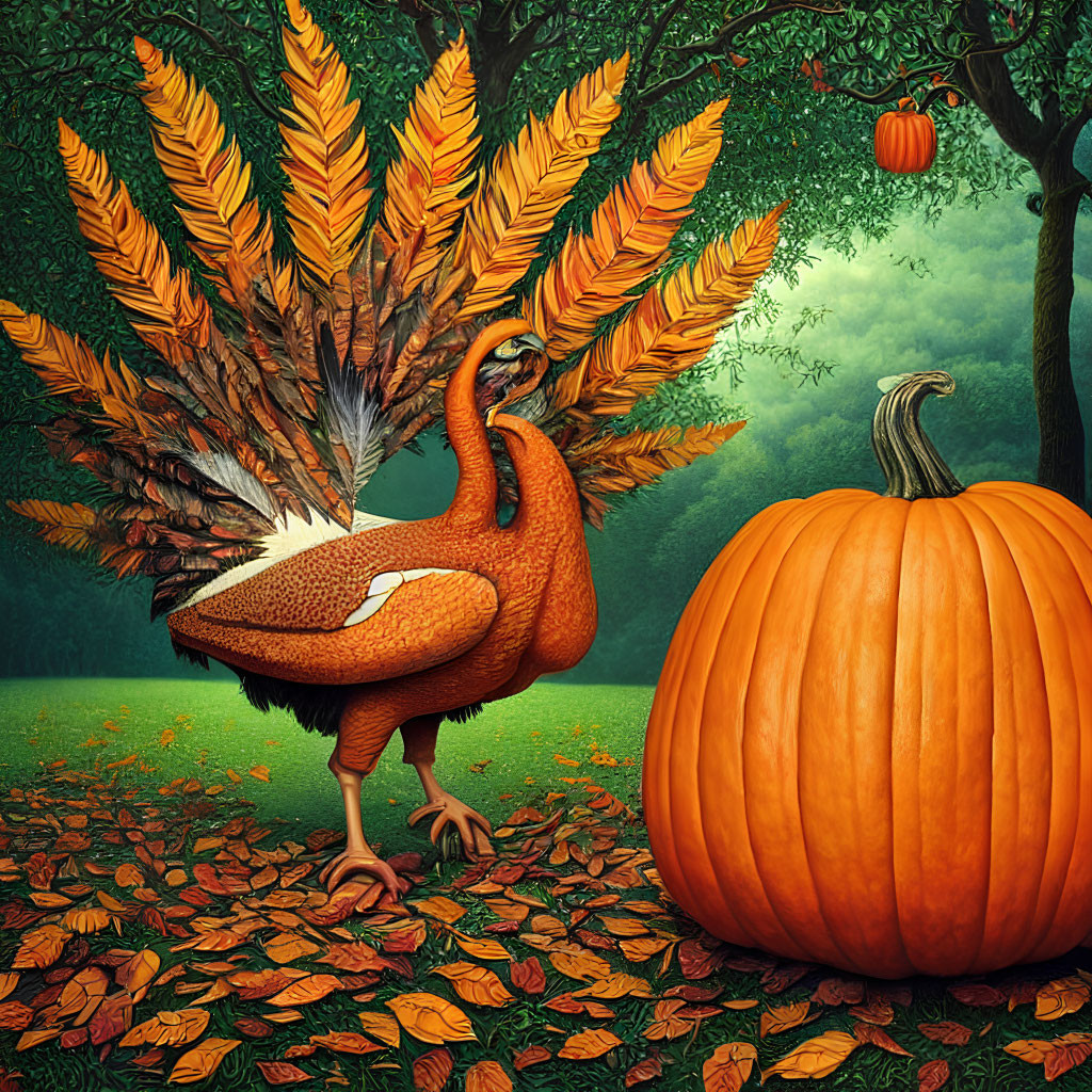 Vibrant turkey and pumpkin illustration with autumn leaves