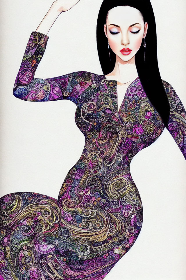 Stylized woman illustration in patterned dress with flowing hair