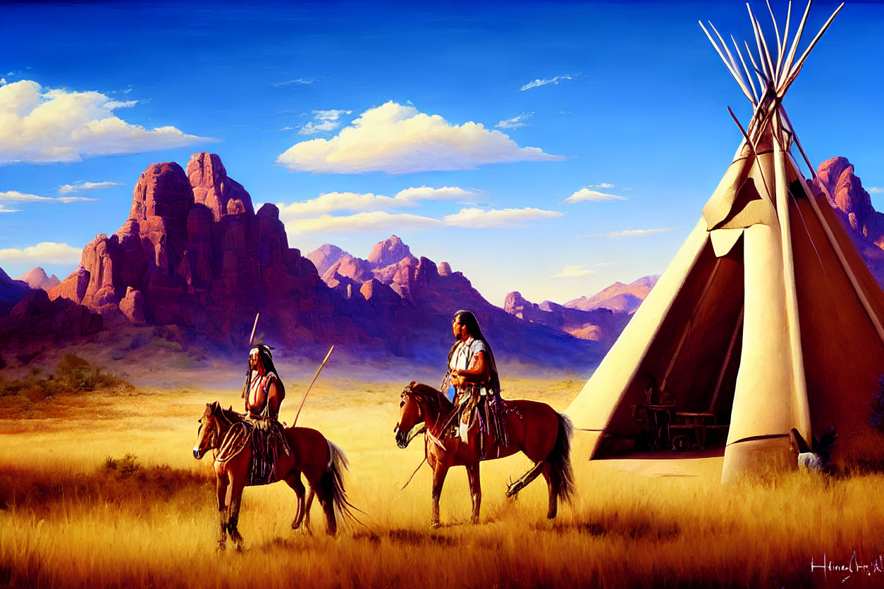 Native American riders on horses near teepee with red rock formations and blue sky