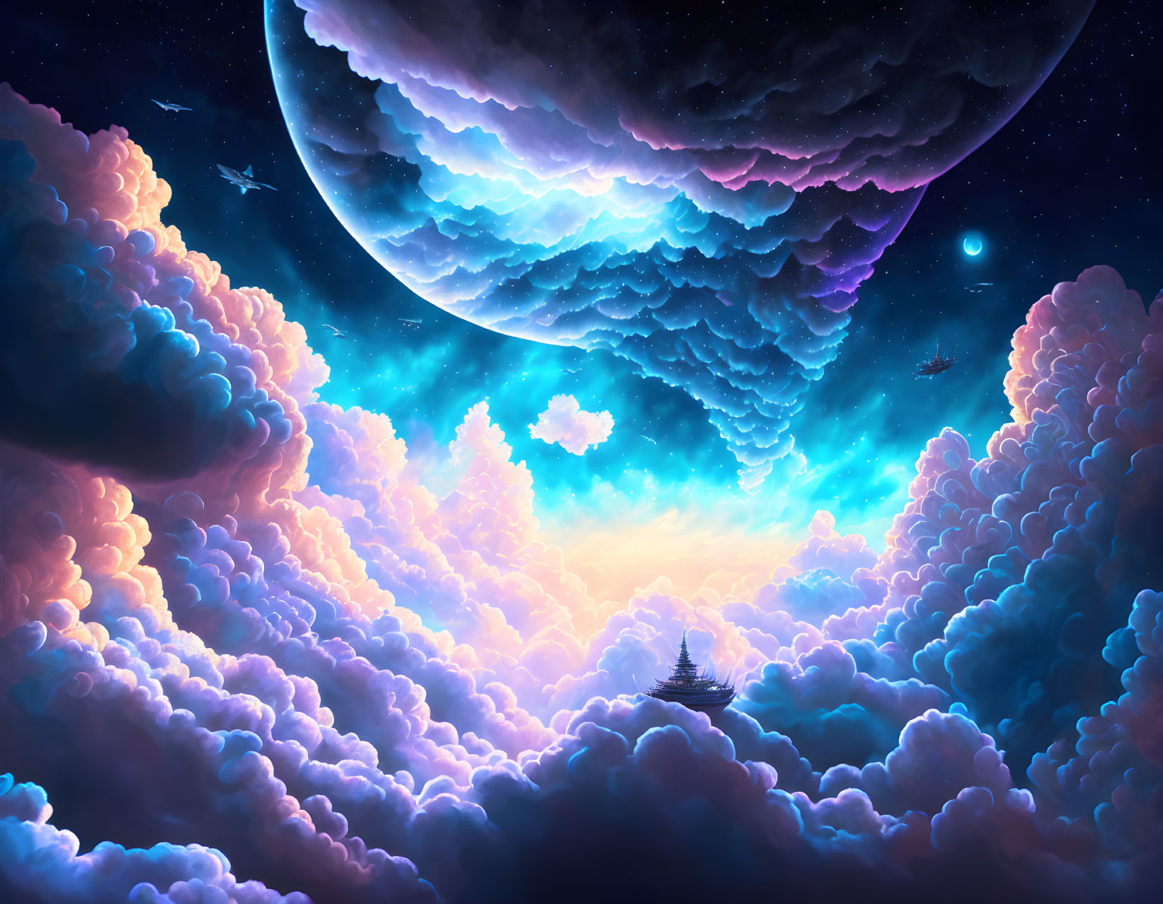 Celestial Scene with Colorful Clouds and Planet