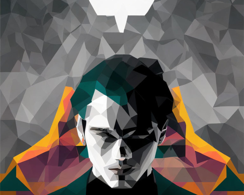 Geometric portrait with dark shapes and colorful collar accent