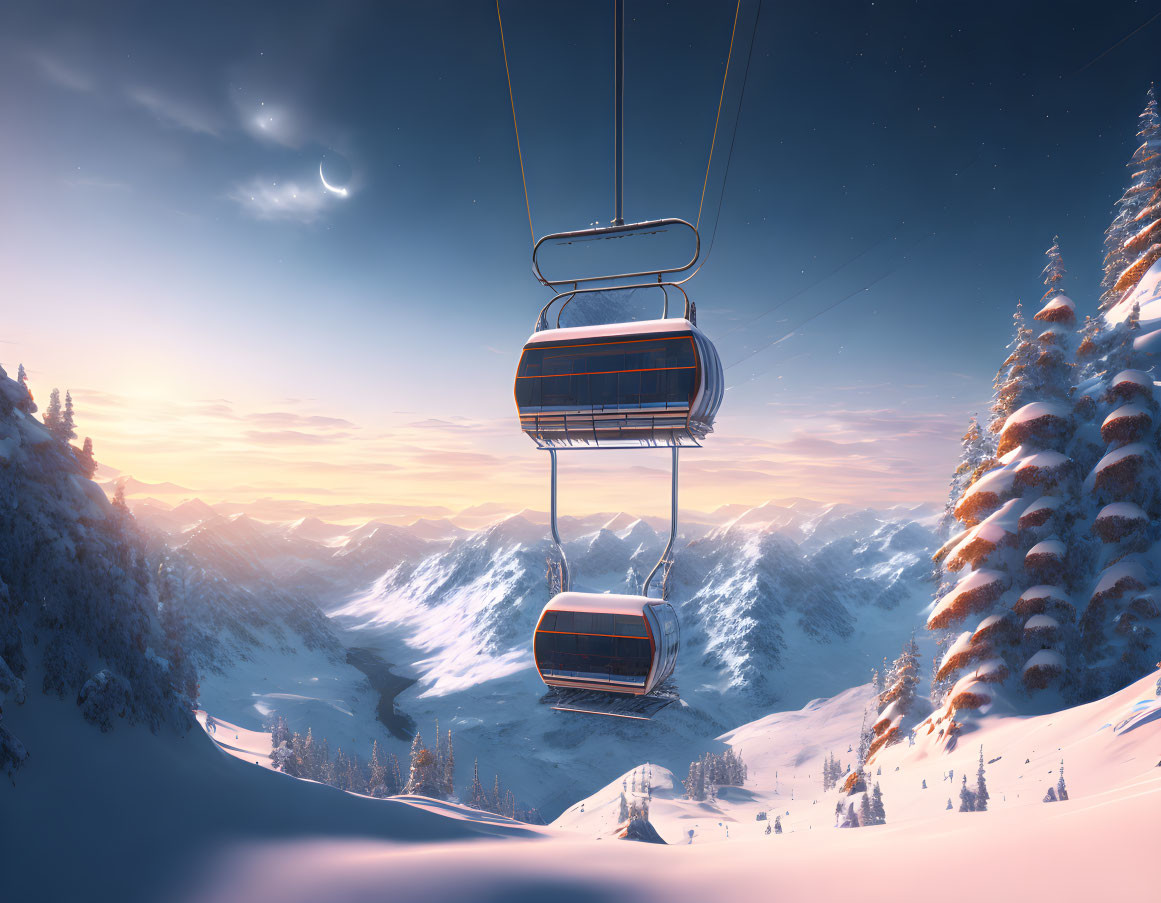 Snow-covered mountains under crescent moon on evening ski lift