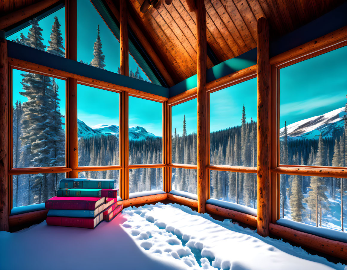 Wooden interior with panoramic snowy landscape view