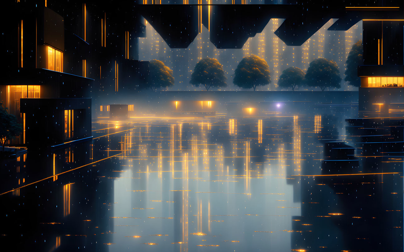 Nighttime futuristic cityscape with golden and blue lights reflected on water