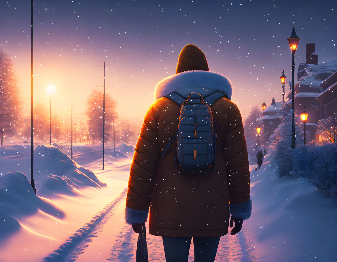 Person in Winter Jacket Walking on Snowy Street at Dusk