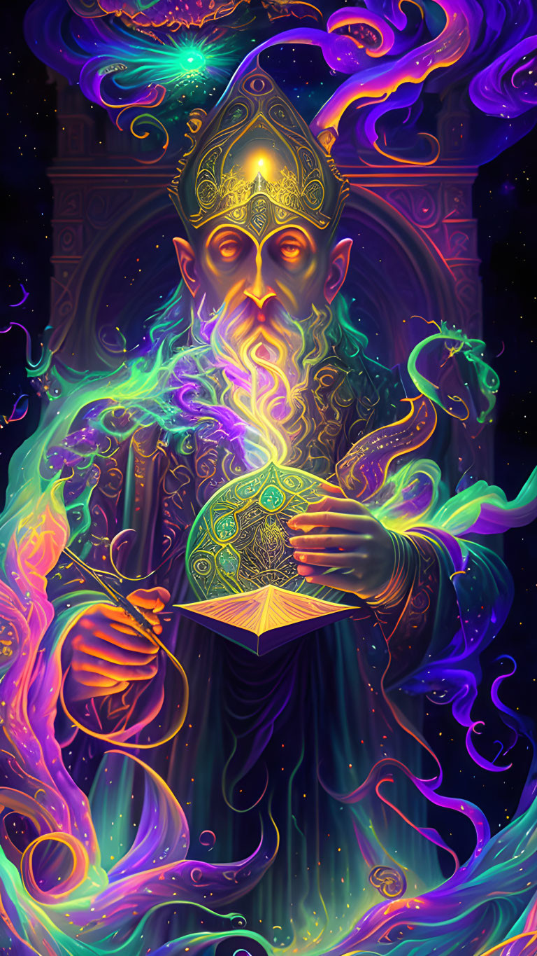 Wizard conjures swirling magic around ancient tome and mystical orb