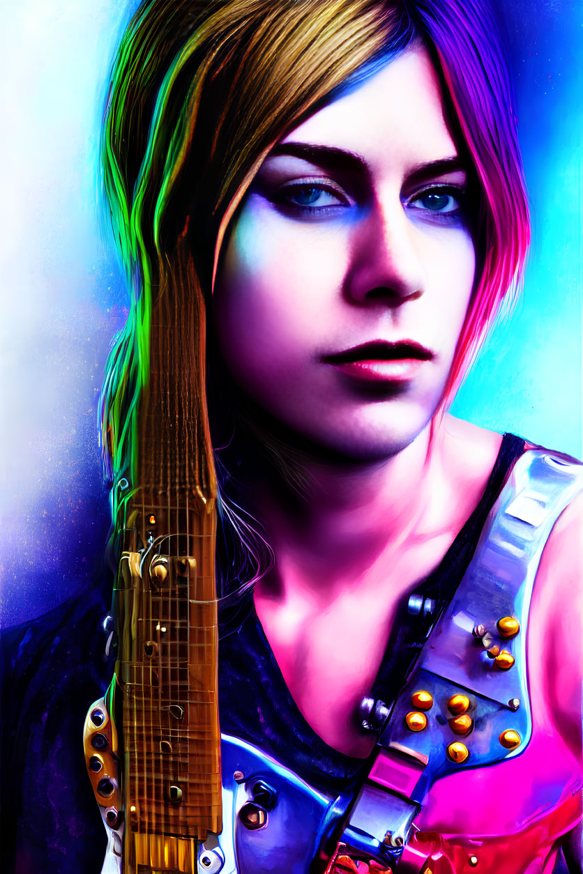 Vibrant digital portrait: person with blue eyes, rainbow hair, holding guitar