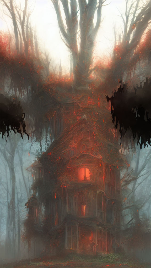 Enigmatic multi-story house in fog with red accents and eerie forest.