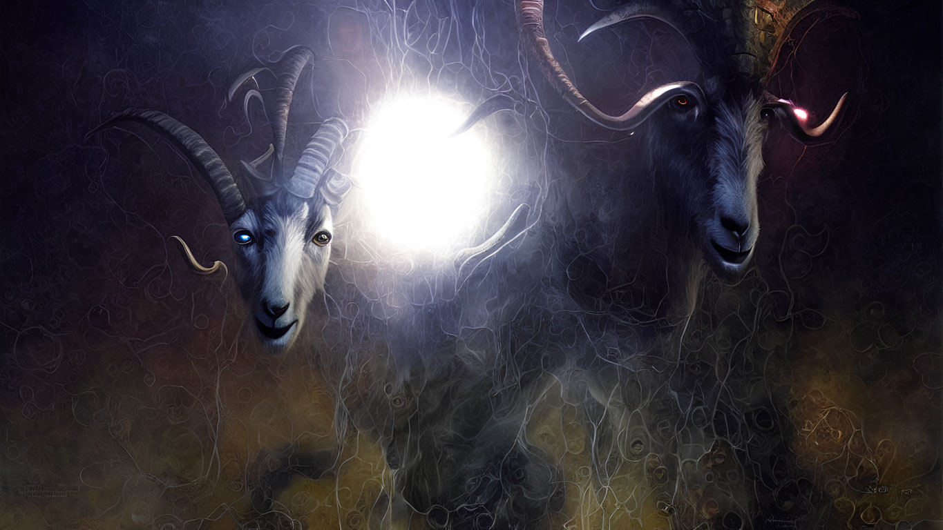 Mystical goats with luminous eyes and swirling patterns beside a glowing orb.