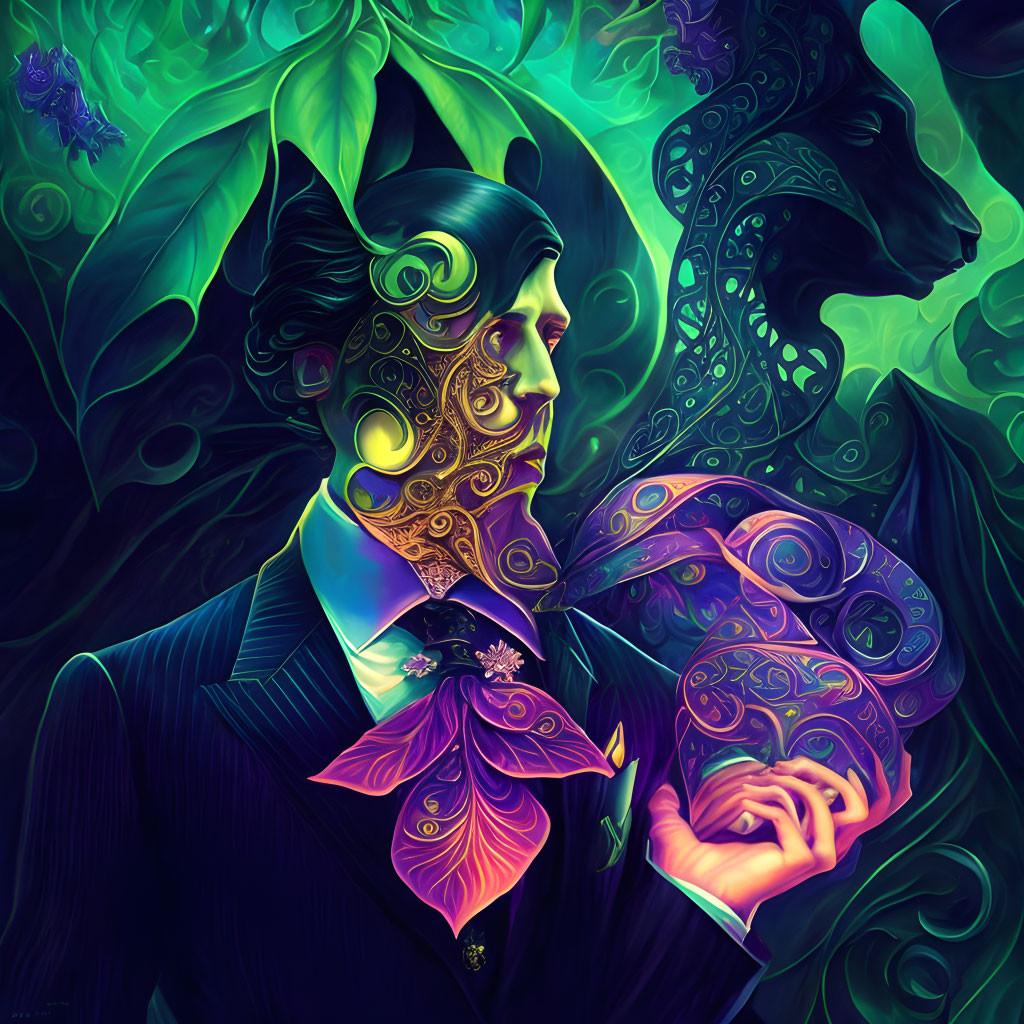 Colorful illustration of person in suit with swirling patterns, holding mask, amidst vibrant foliage and horse silhouette