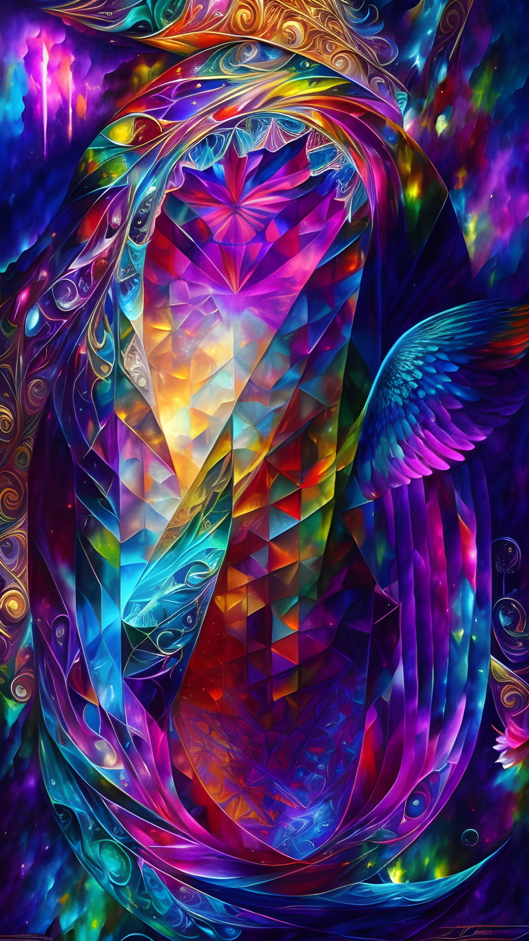 Colorful Abstract Digital Artwork with Fluid Patterns and Winged Element