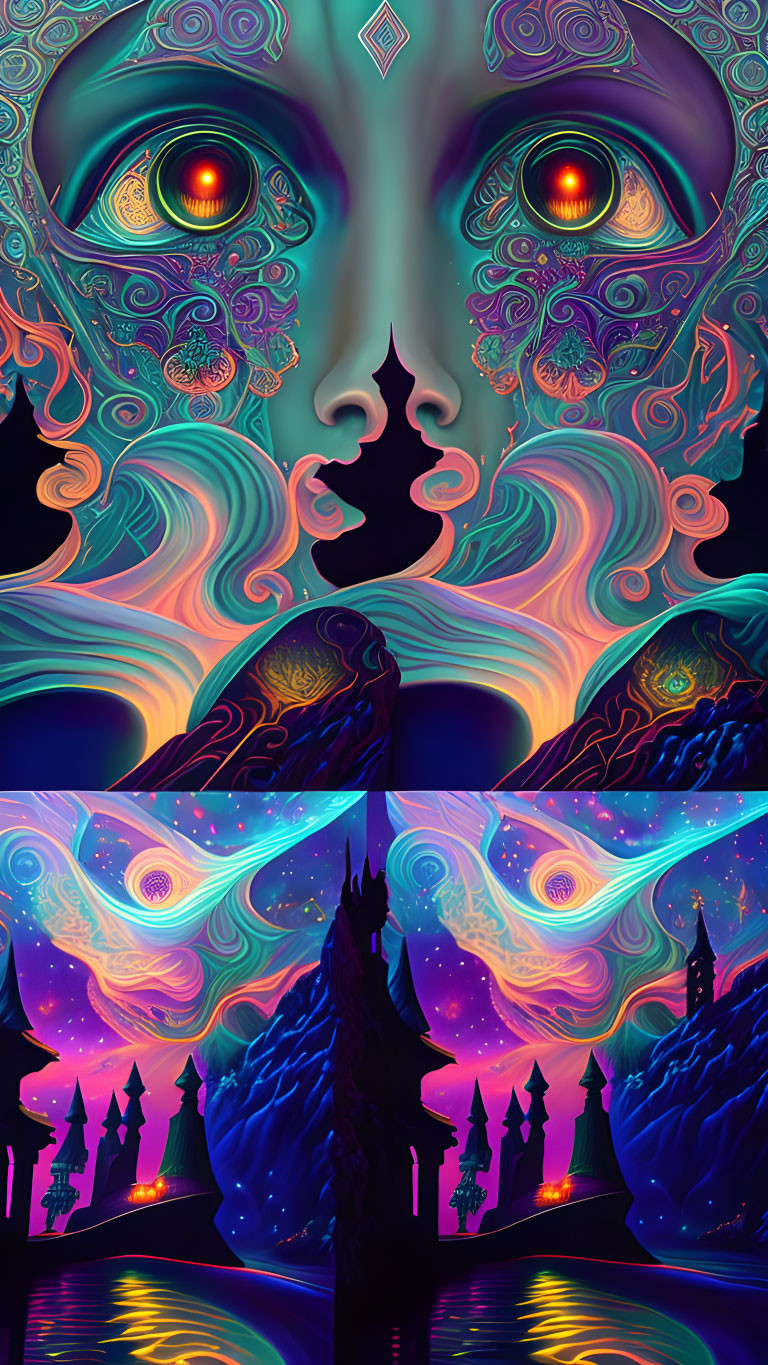 Colorful Psychedelic Art: Stylized Face & Cosmic Landscape