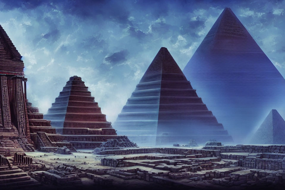 Digital Artwork: Ancient Civilization with Stylized Pyramids and Dramatic Sky