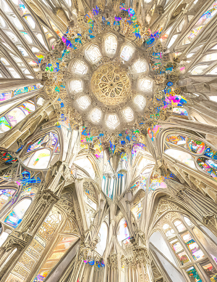 Gothic Cathedral Ceiling with Stone Tracery and Stained Glass