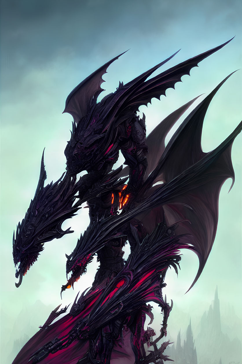 Two-headed dragon with black and purple scales in misty mountain setting