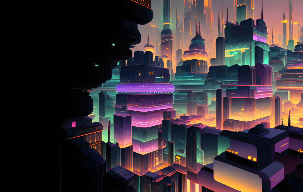 Futuristic Nighttime Cityscape with Neon Lights