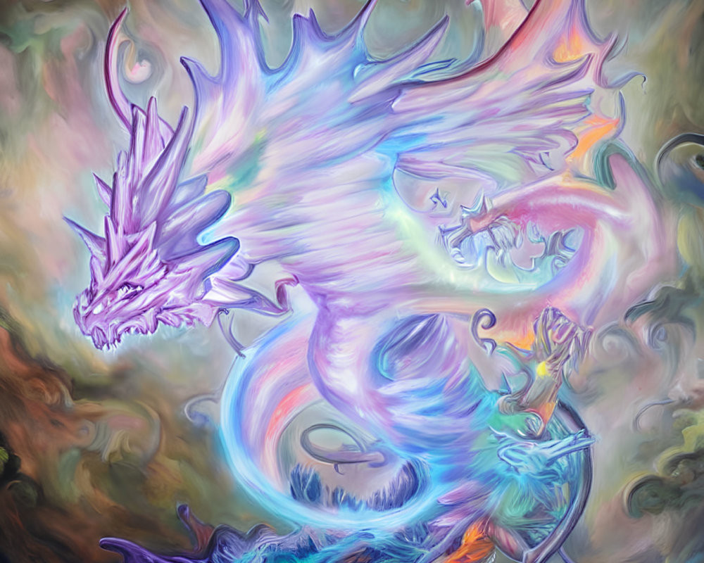 Mythical dragon digital painting with iridescent wings in colorful clouds