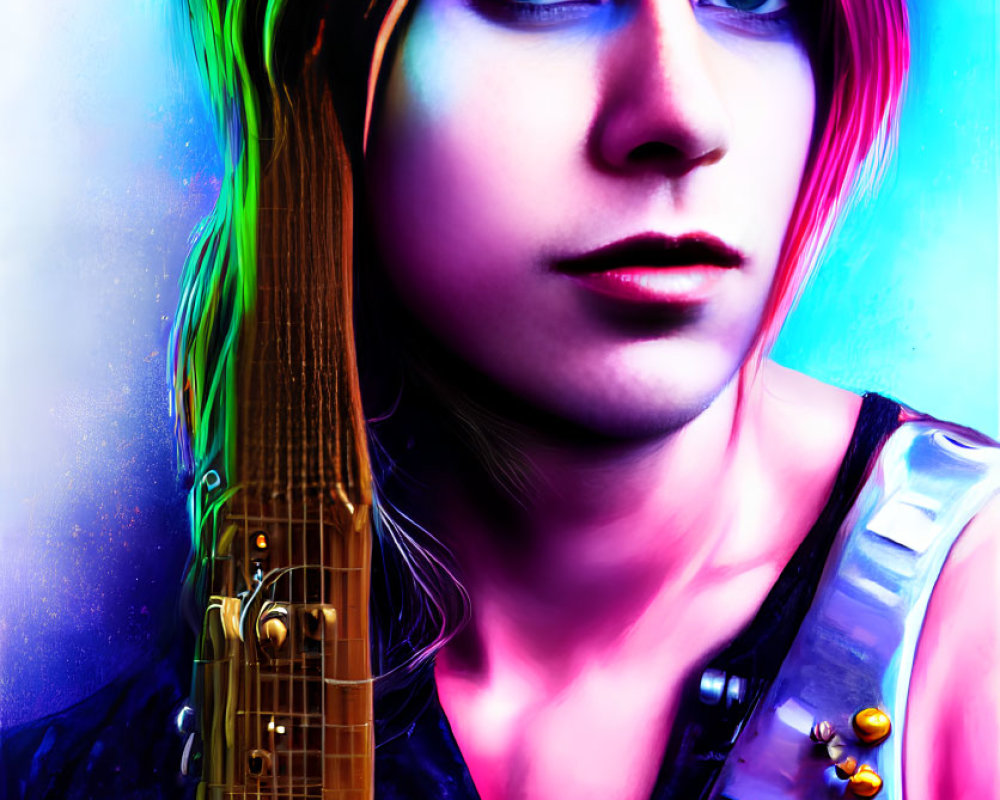 Vibrant digital portrait: person with blue eyes, rainbow hair, holding guitar