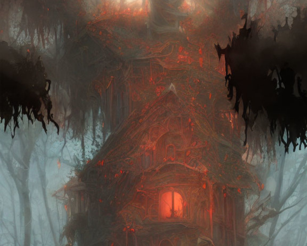 Enigmatic multi-story house in fog with red accents and eerie forest.