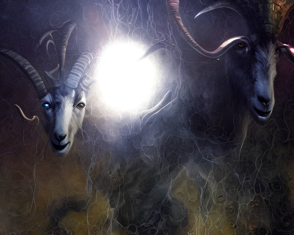 Mystical goats with luminous eyes and swirling patterns beside a glowing orb.