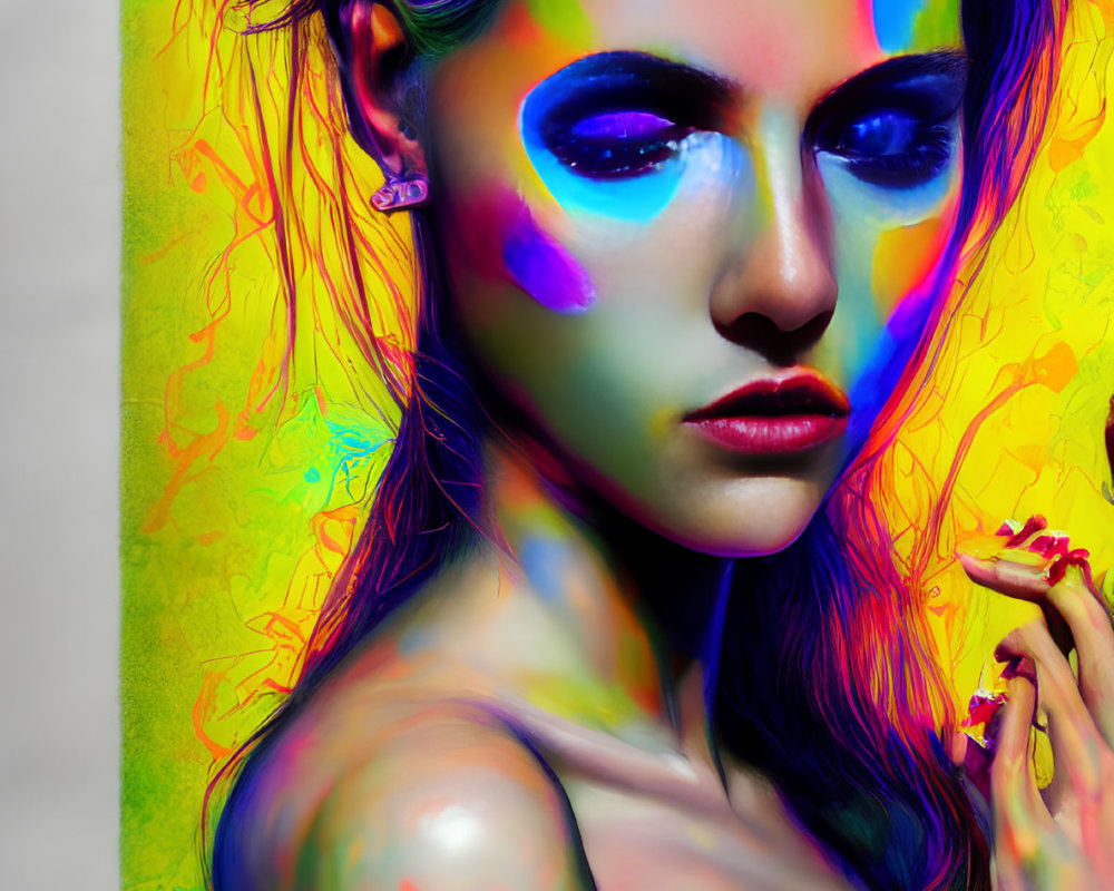 Colorful neon paint portrait of a woman against vibrant backdrop